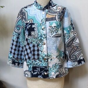 𝅺CHICO’S‎ Blue Tone Paisley Snap Linen Long Sleeve Jacket Size 1